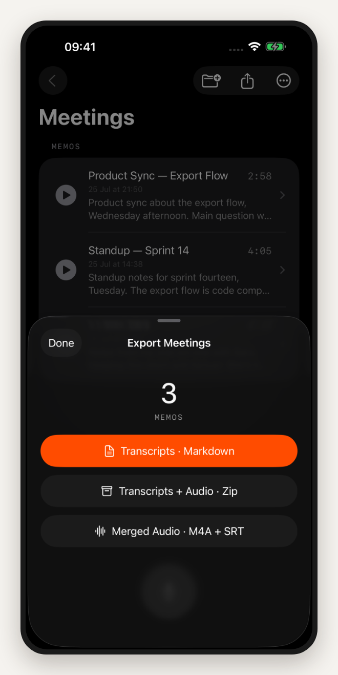 Export options: Markdown, zip, merged audio