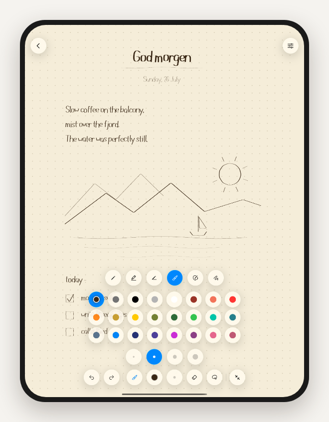 The floating glass toolbar with inks and colors